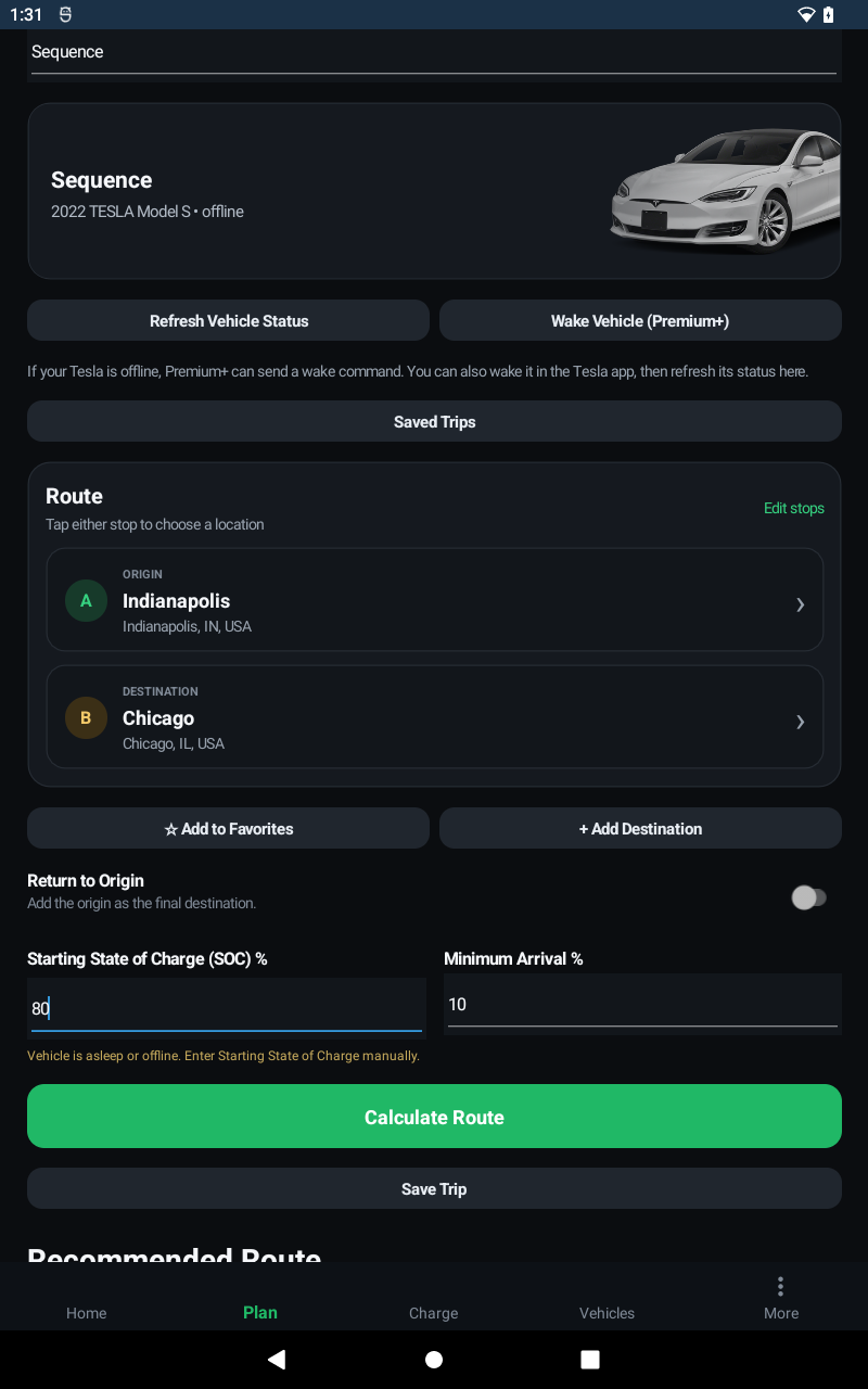 ForeMile itinerary with an explained fast-charging stop and backup charger