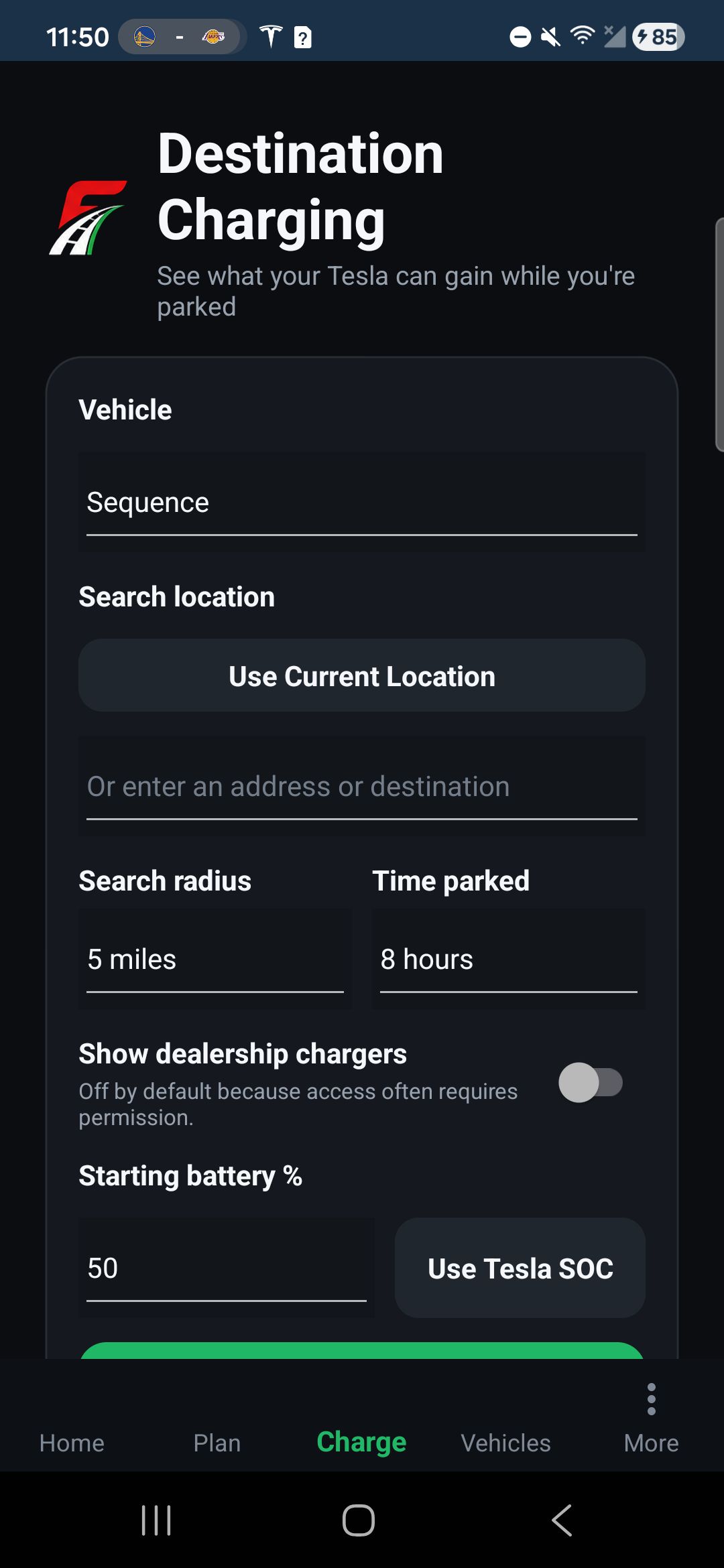 Live Android capture of ForeMile Destination Charging and Level 2 planning